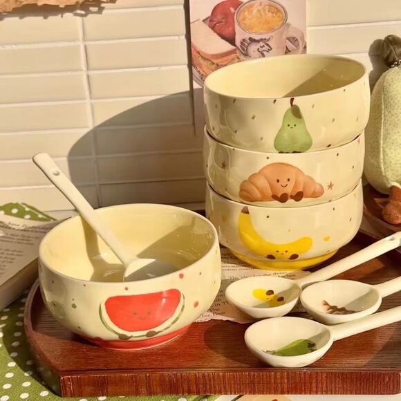 Adorable Cute Fruit Croissant Ceramic Rice Bowl with Spoon set of 4 - Picture 1 of 8